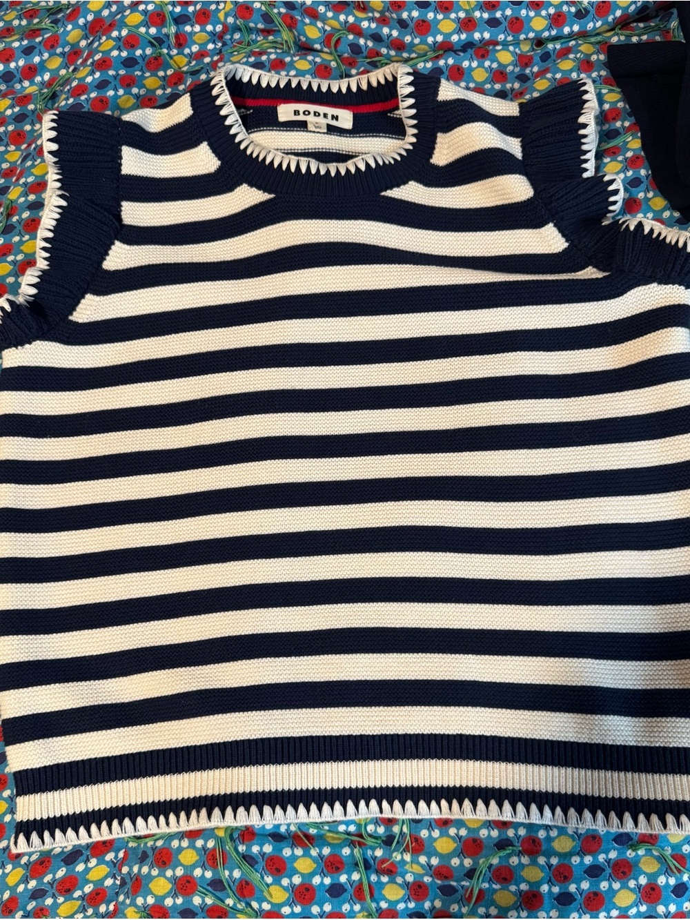 Boden Navy and White Striped Sleeveless Crew Neck short ruffle sleeve Sweater